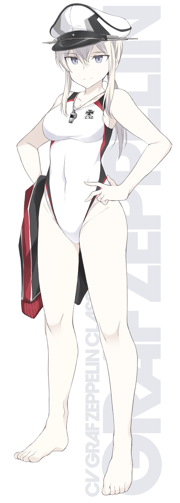 1girl bare_arms bare_legs bare_shoulders barefoot blonde_hair breasts character_name closed_mouth clothes_writing collarbone eyebrows_visible_through_hair full_body graf_zeppelin_(kantai_collection) groin hair_between_eyes hands_on_hips hat highres kantai_collection large_breasts long_hair military_hat one-piece_swimsuit peaked_cap shigino_sohuzi sidelocks smile solo swimsuit toes twintails violet_eyes whistle whistle_around_neck white_background white_swimsuit
