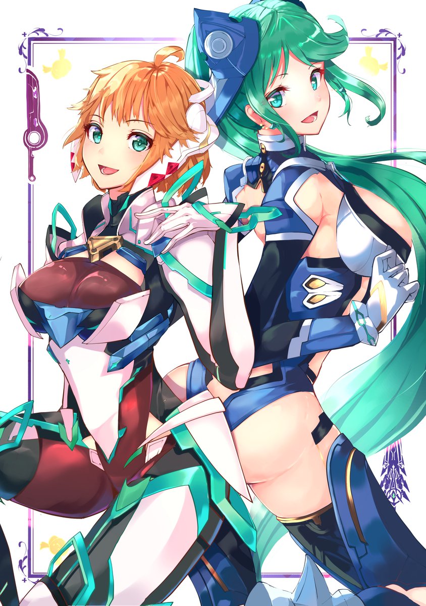 2girls :d ass back-to-back bangs blonde_hair breasts cosplay costume_switch cowboy_shot gloves green_eyes green_hair halloween highres large_breasts leotard long_hair long_ponytail looking_at_viewer mecha-fiora_(speed_armour) medium_breasts monado open_mouth pneuma_(xenoblade) ponytail risumi_(taka-fallcherryblossom) smile swept_bangs sword thigh-highs very_long_hair weapon xenoblade_chronicles xenoblade_chronicles_(series) xenoblade_chronicles_2