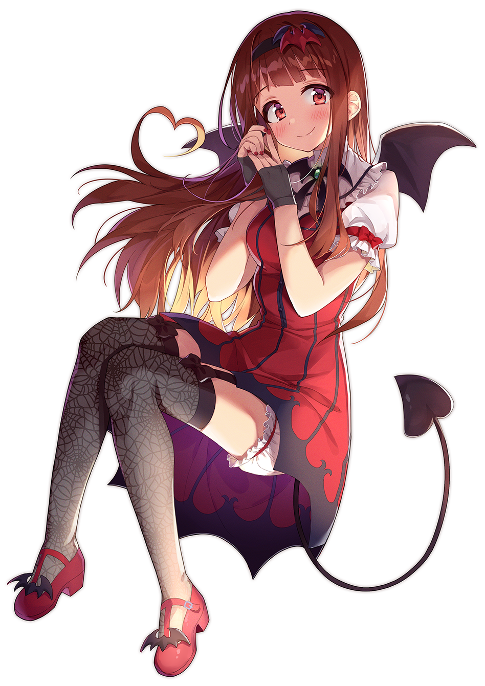 1girl bangs bat_hair_ornament black_gloves black_hairband black_wings bloomers blush breasts brown_hair chobi_(penguin_paradise) closed_mouth demon_girl demon_tail demon_wings dress eyebrows_visible_through_hair fingerless_gloves floating_hair full_body gloves grey_legwear hair_ornament hairband hands_up highres idolmaster idolmaster_million_live! long_hair medium_breasts my_dear_vampire print_legwear puffy_short_sleeves puffy_sleeves red_dress red_eyes red_footwear red_nails shoes short_sleeves simple_background smile solo spider_web_print tail tanaka_kotoha thigh-highs underwear very_long_hair white_background white_bloomers wings