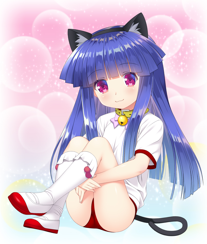 1girl animal_ear_fluff animal_ears ass bell blue_hair buruma cat_ears cat_tail collar commentary_request fake_animal_ears fake_tail full_body furude_rika gaou gym_uniform higurashi_no_naku_koro_ni jingle_bell kneehighs knees_up leg_hug legs long_hair looking_at_viewer pink_background red_buruma shirt shoes short_sleeves simple_background sitting smile solo sparkle tail thighs violet_eyes white_footwear white_legwear white_shirt