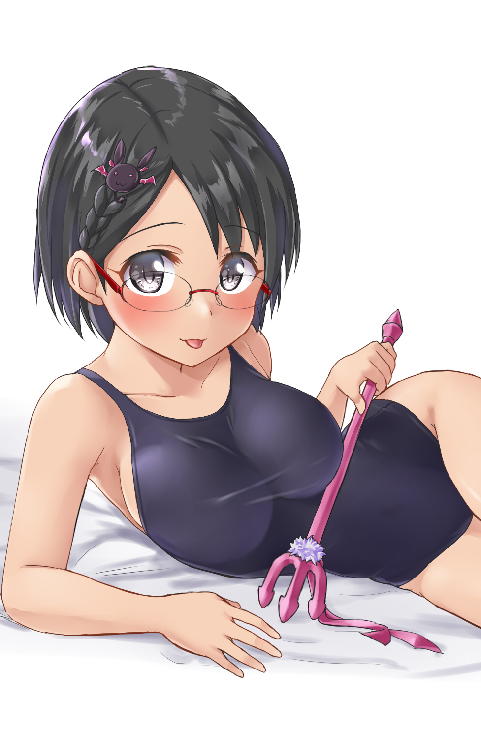 1girl aimobake bespectacled black_swimsuit braid breasts bunny_hair_ornament collarbone competition_swimsuit cowboy_shot glasses grey_eyes hair_ornament highres idolmaster idolmaster_cinderella_girls looking_at_viewer lying medium_breasts older on_side one-piece_swimsuit polearm sasaki_chie simple_background solo swimsuit tongue tongue_out trident wand weapon white_background