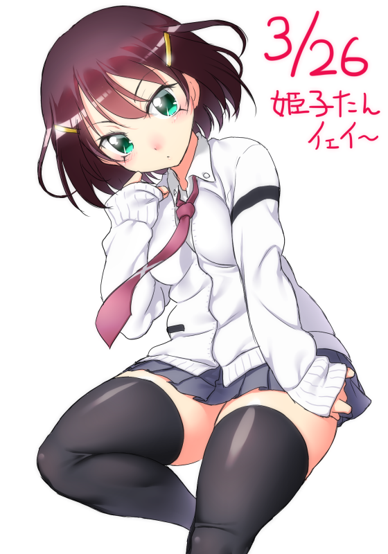 1girl black_legwear blush brown_hair closed_mouth cowboy_shot dated green_eyes grey_skirt hair_ornament hairclip hand_up jacket long_sleeves looking_at_viewer medium_hair necktie onsoku_inu pleated_skirt red_neckwear saki saki_achiga-hen skirt sleeves_past_wrists solo thigh-highs tsuruta_himeko white_jacket