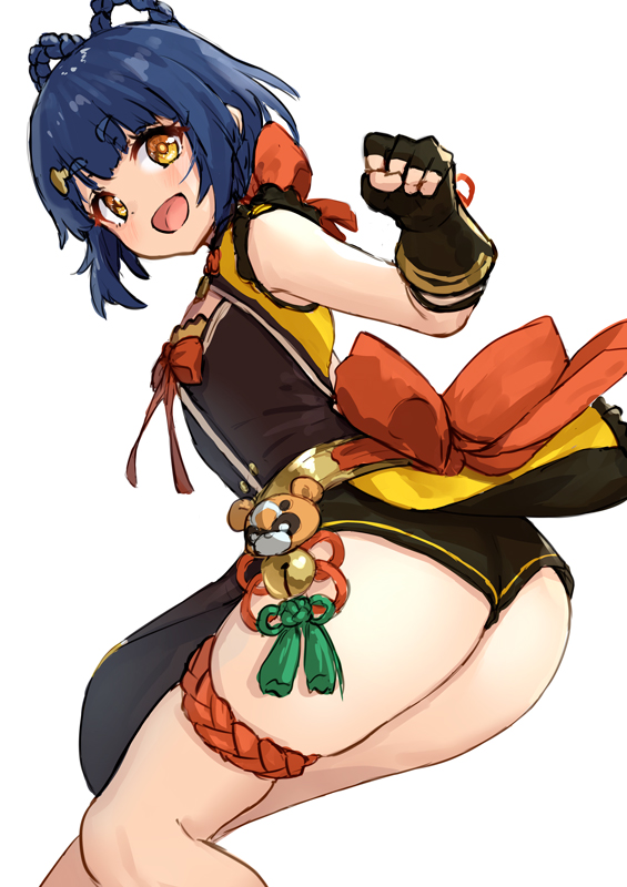 1girl ass bent_over black_shorts blue_hair china_dress chinese_clothes dress genshin_impact gouba_(genshin_impact) looking_at_viewer open_mouth pensuke short_shorts shorts simple_background solo white_background wind wind_lift xiangling_(genshin_impact) yellow_eyes