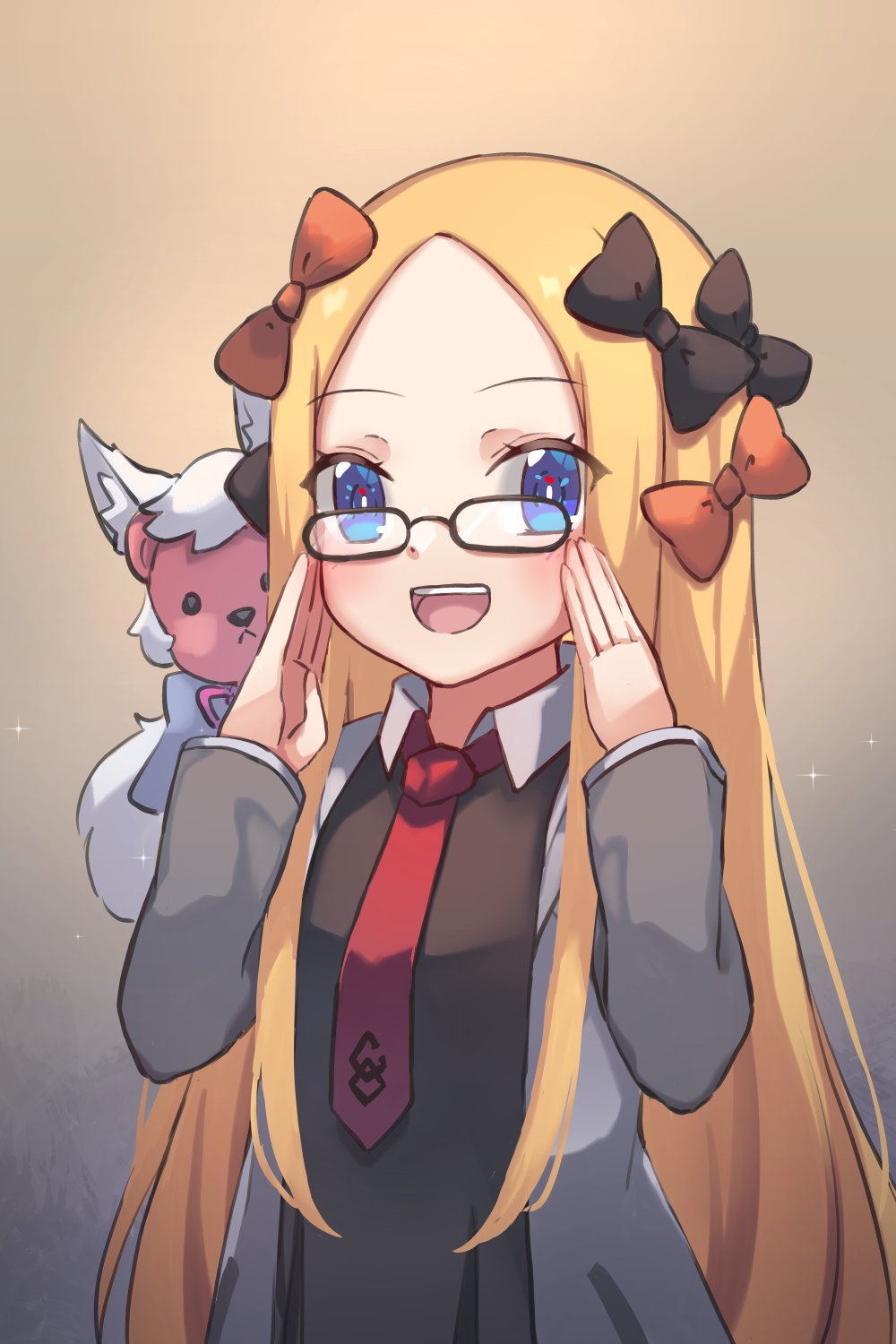 1girl abigail_williams_(fate/grand_order) bangs black_bow black_dress blonde_hair blue_eyes blush bow breasts dress fate/grand_order fate_(series) forehead glasses hair_bow highres jacket long_hair long_sleeves looking_at_viewer mash_kyrielight miya_(miyaruta) multiple_bows necktie open_clothes open_jacket open_mouth orange_bow parted_bangs sidelocks small_breasts smile stuffed_animal stuffed_toy teddy_bear