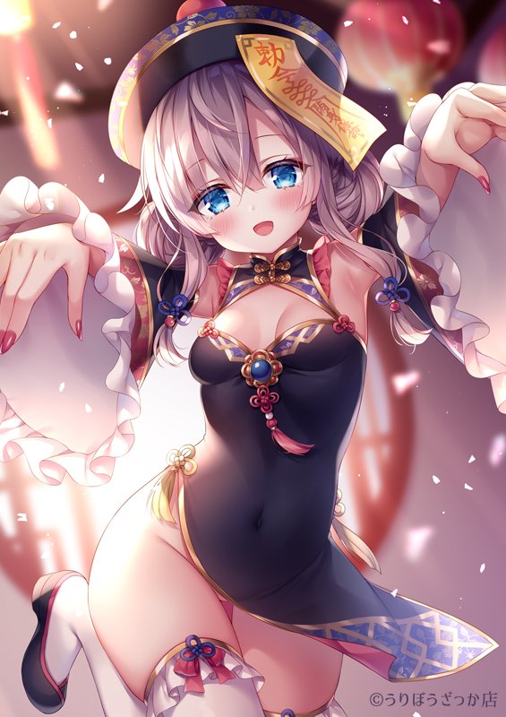 1girl :d armpits arms_up bare_shoulders black_dress black_footwear black_headwear blue_eyes breasts cleavage_cutout clothing_cutout covered_navel detached_sleeves dress frills gold_trim groin halloween jiangshi leg_up long_hair long_sleeves looking_at_viewer mitsuba_choco no_panties ofuda open_mouth original pelvic_curtain reaching_out shoes silver_hair small_breasts smile solo thigh-highs thighs white_legwear wide_sleeves