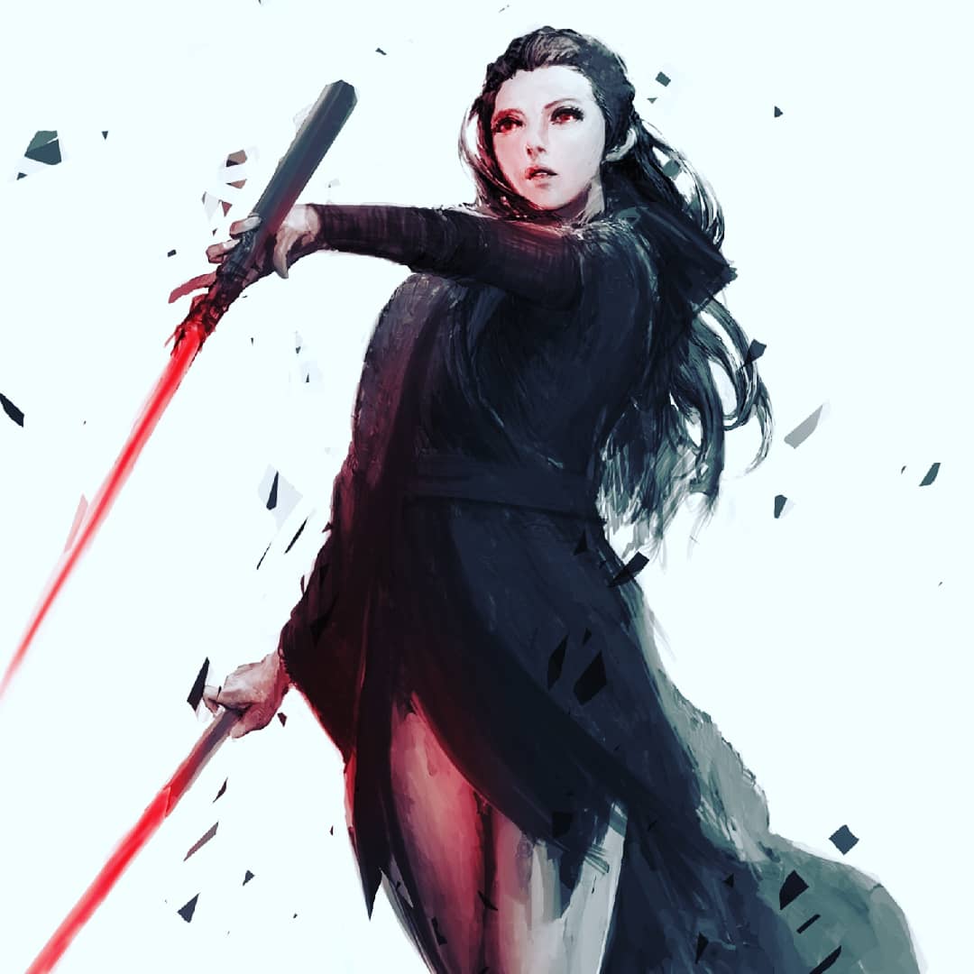 1girl babyj0 black_hair dark_persona dual_wielding energy_sword grey_background holding lightsaber looking_up parted_lips red_eyes rey_(star_wars) solo star_wars sword weapon