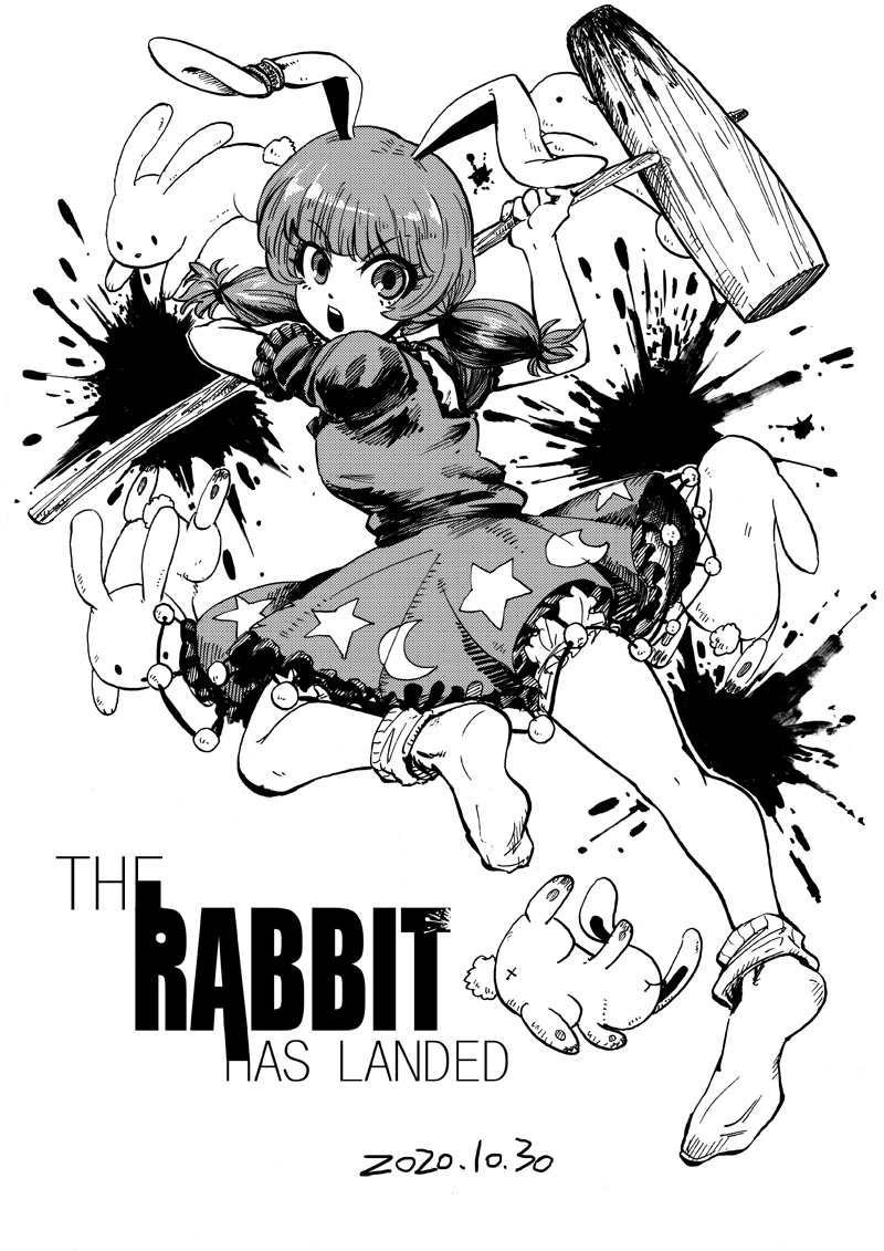 1girl angry animal_ears blackcat_(pixiv) bunny_girl dated dress english_text frilled_dress frills greyscale kine looking_at_viewer mallet monochrome open_mouth rabbit_ears seiran_(touhou) short_hair short_sleeves socks solo touhou v-shaped_eyebrows white_background