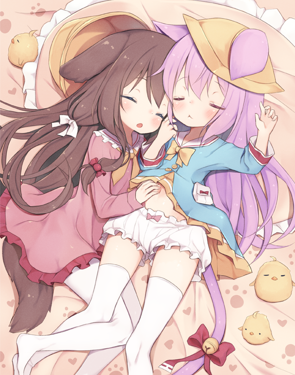 2girls :&lt; animal_ears arashiya arm_up azur_lane bed bell bird bloomers blue_shirt brown_hair cat_ears cat_tail chick child closed_eyes commission commissioner_upload cuddling dog_ears dog_tail dress face-to-face fumizuki_(azur_lane) hand_on_another's_stomach hat headwear headwear_removed jingle_bell kindergarten_uniform kisaragi_(azur_lane) legs lifted_by_another long_hair lying manjuu_(azur_lane) multiple_girls navel on_back on_side open_mouth pantyhose pillow pink_dress pink_hair ribbon school_hat school_uniform serafuku shirt short_dress skirt skirt_lift sleeping tail tail_ornament tail_ribbon thigh-highs thighs underwear white_legwear yellow_headwear yellow_skirt