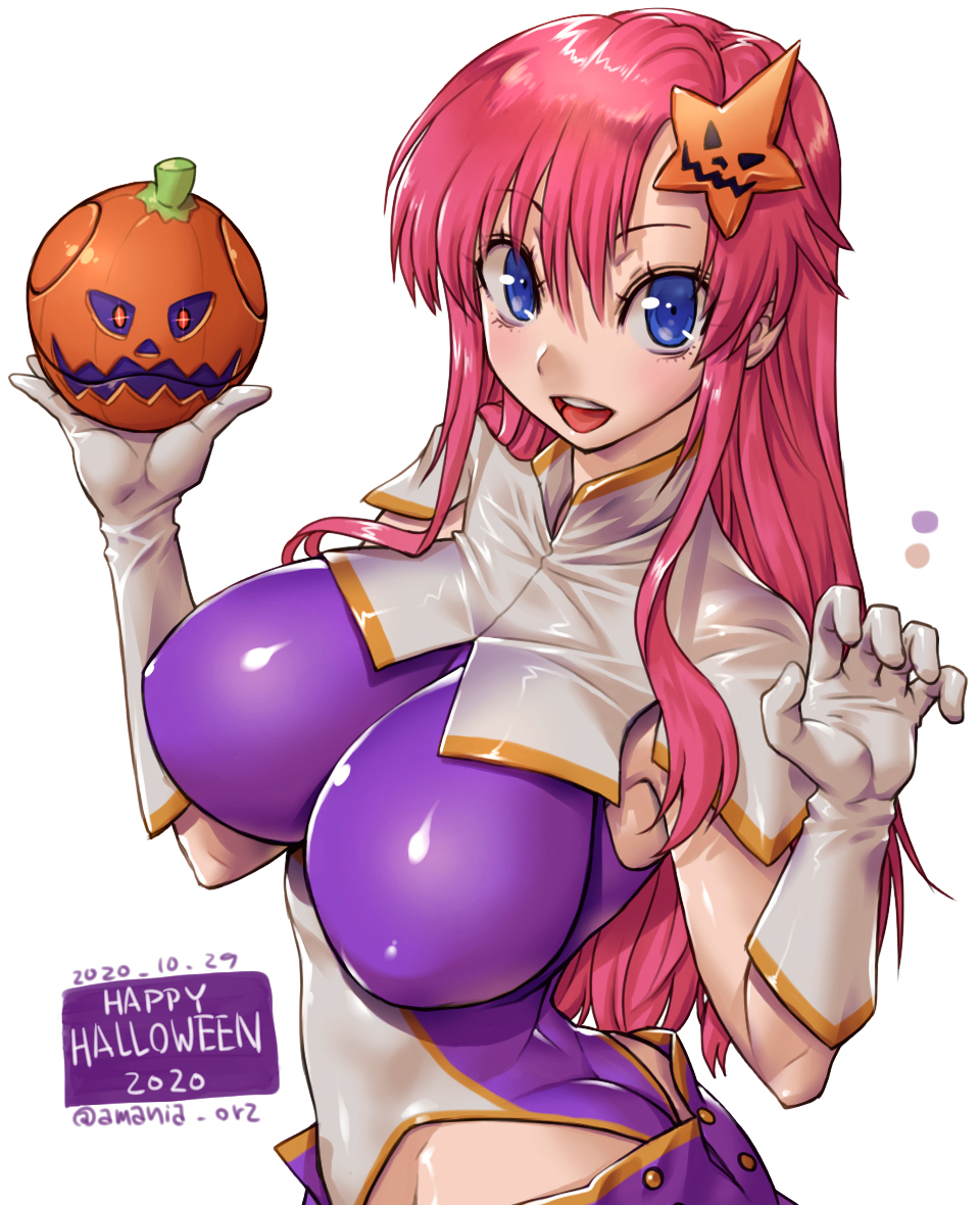 1girl amania_orz breasts cowboy_shot gundam gundam_seed gundam_seed_destiny hair_ornament haro highleg highleg_leotard impossible_clothes impossible_leotard large_breasts leotard looking_at_viewer meer_campbell pink_hair pumpkin purple_leotard smile solo star_(symbol) star_hair_ornament white_leotard