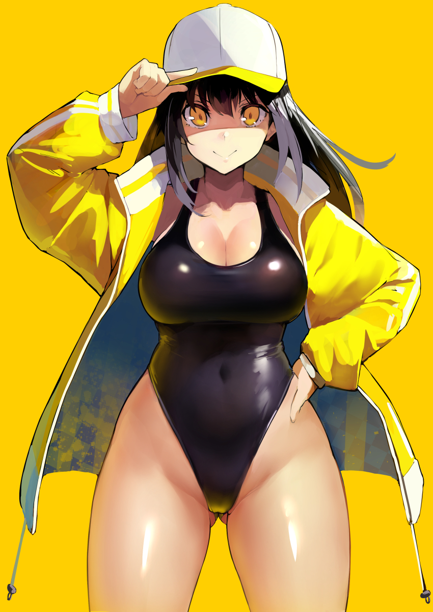 1girl bangs blush breasts competition_swimsuit highleg highleg_swimsuit highres kekemotsu large_breasts long_hair long_sleeves looking_at_viewer one-piece_swimsuit original simple_background smile swimsuit