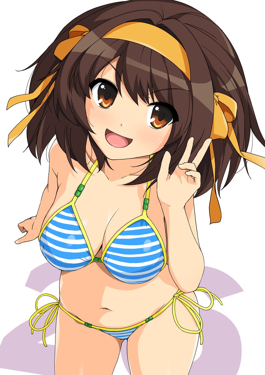 1girl bare_arms bare_shoulders bikini breasts brown_eyes brown_hair commentary_request hair_ribbon hairband haruhisky highres medium_breasts medium_hair open_mouth ribbon smile solo striped striped_bikini suzumiya_haruhi suzumiya_haruhi_no_yuuutsu swimsuit yellow_hairband yellow_ribbon