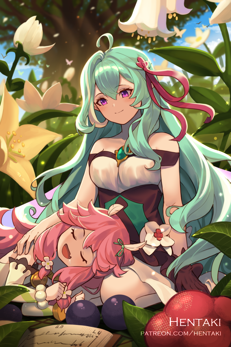 2girls :d ahoge artist_name bangs book breasts brown_gloves closed_eyes commentary day detached_sleeves dragalia_lost dress english_commentary eyebrows_visible_through_hair fang flower gloves green_hair hair_between_eyes hair_ribbon hentaki highres lap_pillow long_hair long_sleeves lying medium_breasts meene_(dragalia_lost) minigirl multiple_girls notte_(dragalia_lost) on_side open_book open_mouth outdoors pink_hair red_ribbon ribbon seiza sitting sleeveless sleeveless_dress smile tree very_long_hair violet_eyes watermark web_address white_dress white_flower white_sleeves