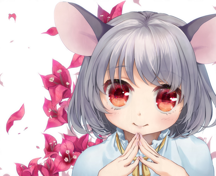 1girl animal_ears ari_don arms_up bangs blue_capelet bob_cut capelet commentary_request eyebrows_visible_through_hair fingernails floral_background grey_hair head_tilt light_blush looking_at_viewer mouse_ears nazrin red_eyes ribbon short_hair smile solo standing steepled_fingers touhou upper_body white_background yellow_ribbon