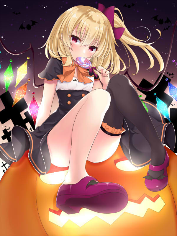 1girl alternate_costume asymmetrical_legwear black_dress black_legwear blonde_hair blush bow candy convenient_leg covering_mouth cross dress english_commentary eyebrows_visible_through_hair flandre_scarlet food foreshortening gradient_sky hair_between_eyes hair_ribbon halloween halloween_costume head_tilt holding holding_candy holding_food holding_lollipop jack-o'-lantern lollipop looking_at_viewer mary_janes no_hat no_headwear one_side_up orange_bow orange_neckwear purple_footwear purple_ribbon red_eyes ribbon shiny shiny_hair shoes short_hair short_sleeves sitting sitting_on_object sky solo star_(sky) starry_sky swirl_lollipop thigh-highs tosakaoil touhou wings
