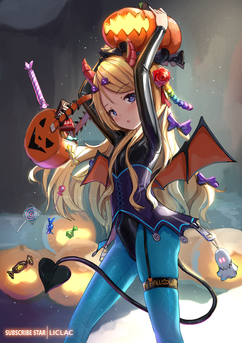 1girl :o arms_up artist_name bangs black_leotard blonde_hair blue_eyes blue_legwear blush bow breasts brown_wings candy candy_wrapper commentary_request demon_girl demon_horns demon_tail demon_wings eyebrows_visible_through_hair flower food hair_bow hair_flower hair_ornament halloween halloween_basket highres horns jack-o'-lantern leotard liclac lollipop long_hair original pantyhose parted_lips purple_bow red_flower red_rose rose skindentation small_breasts solo succubus swept_bangs swirl_lollipop tail thigh_strap underbust very_long_hair wings