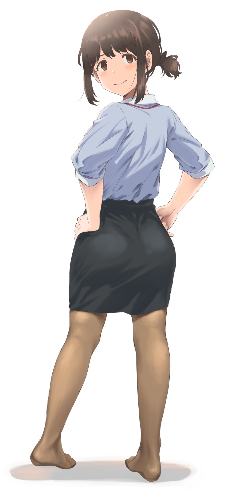 1girl ass blue_shirt blush brown_eyes brown_hair douki-chan_(yomu_(sgt_epper)) from_behind ganbare_douki-chan hands_on_hips highres inu_(aerodog) kneepits lanyard looking_back no_shoes office_lady pantyhose pencil_skirt shirt short_ponytail skirt smile solo