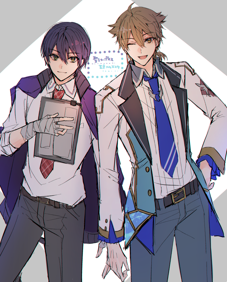 2boys ;d bandaged_hands bandages bangs belt belt_buckle blue_neckwear brown_belt brown_eyes brown_hair buckle cape closed_mouth collared_shirt eyebrows_visible_through_hair fushimi_gaku green_eyes grey_background grey_pants hair_between_eyes holding jacket kenmochi_touya long_hair long_sleeves low_ponytail male_focus multiple_boys necktie nijisanji one_eye_closed open_clothes open_jacket open_mouth pants plaid_neckwear ponytail purple_cape purple_hair red_neckwear shikino_yuki shirt smile translation_request two-tone_background virtual_youtuber white_background white_jacket white_shirt