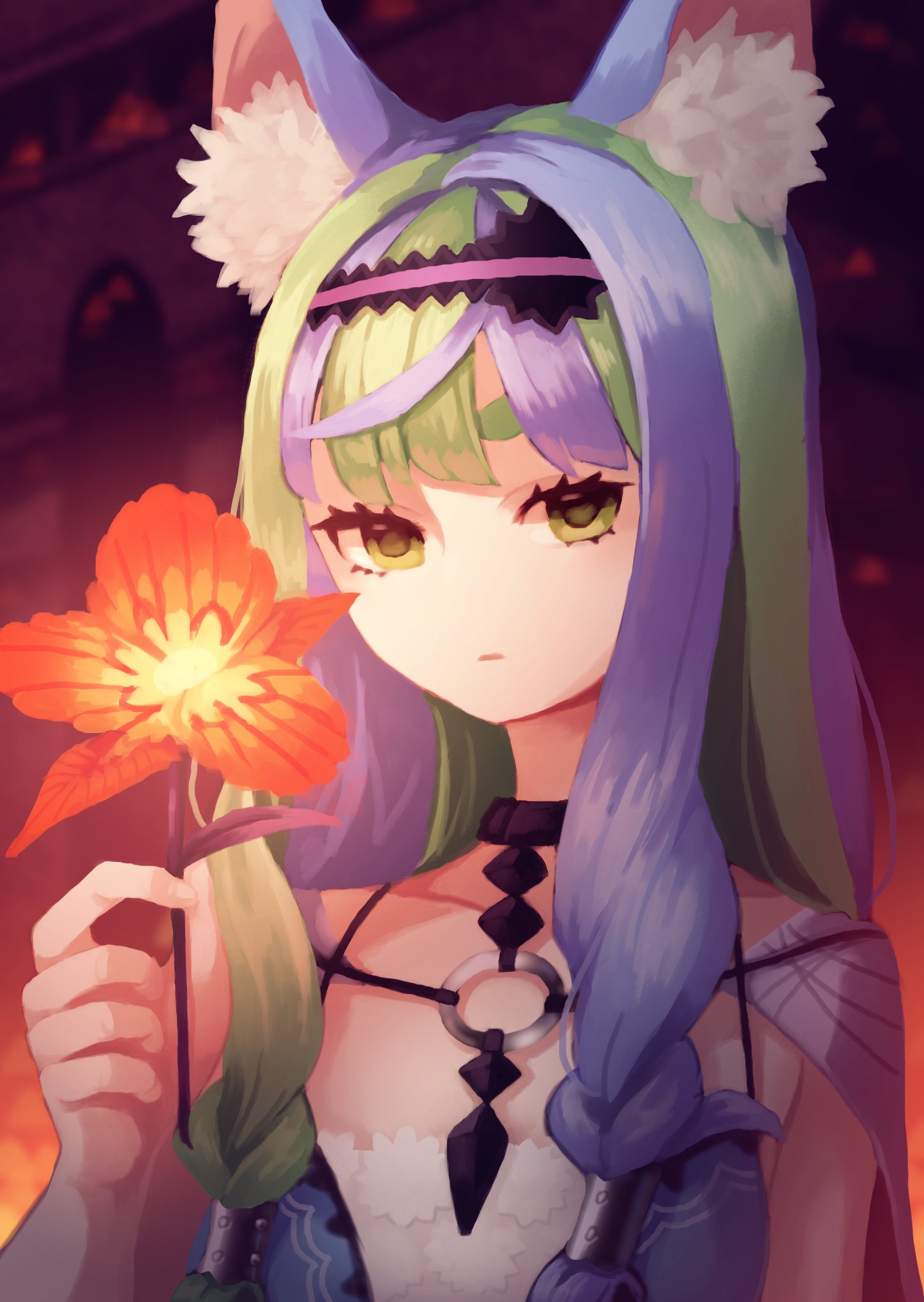 1girl 7th_dragon_(series) 7th_dragon_iii animal_ear_fluff animal_ears black_choker cat_ears choker closed_mouth fingernails flower fortuner_(7th_dragon) green_eyes green_hair hairband hand_up highres holding holding_flower looking_at_viewer multicolored_hair no_nose o-ring o-ring_top okame_nin orange_flower purple_hair solo two-tone_hair upper_body