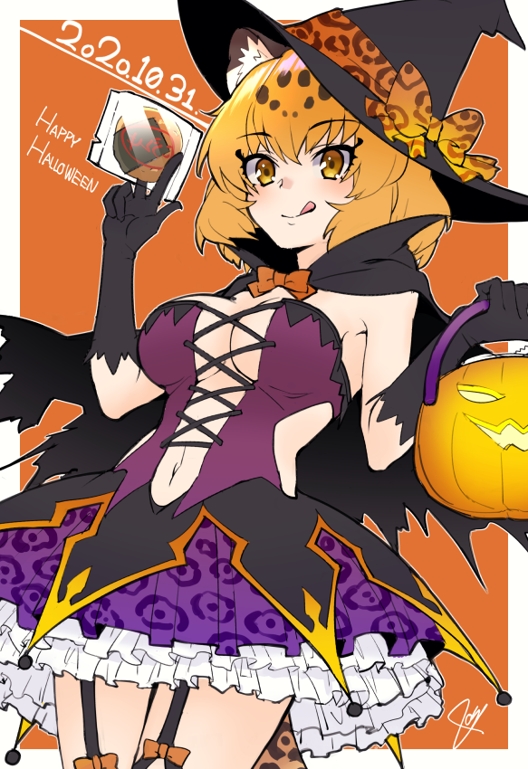 1girl :p alternate_costume animal_ears black_cape black_gloves blonde_hair blush bow bowtie cape commentary_request cowboy_shot eyebrows_visible_through_hair frilled_skirt frills garter_straps gloves halloween halloween_basket halloween_costume hat hat_bow hatagaya jaguar_(kemono_friends) jaguar_ears jaguar_girl jaguar_print jaguar_tail kemono_friends midriff_peek navel orange_neckwear print_skirt purple_skirt short_hair skirt sleeveless solo tail tongue tongue_out witch_hat yellow_eyes