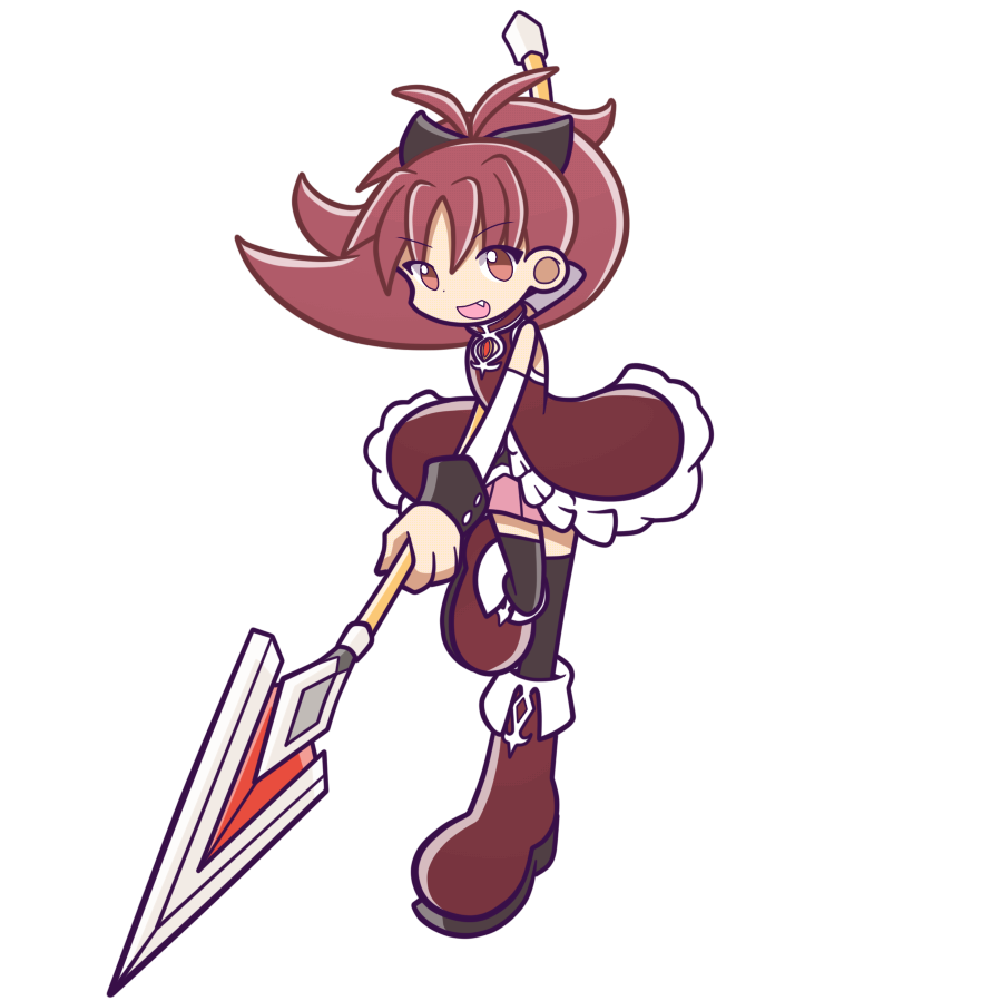 bangs bare_shoulders black_bow black_legwear boots bow dress elbow_gloves eyebrows_visible_through_hair fang gloves hair_bow holding holding_spear holding_weapon long_hair looking_at_viewer mahou_shoujo_madoka_magica open_mouth parody polearm ponytail puyopuyo red_dress red_eyes red_footwear red_theme redhead rii_(icedsalt) sakura_kyouko smile soul_gem spear style_parody thigh-highs transparent_background weapon white_gloves wrist_cuffs