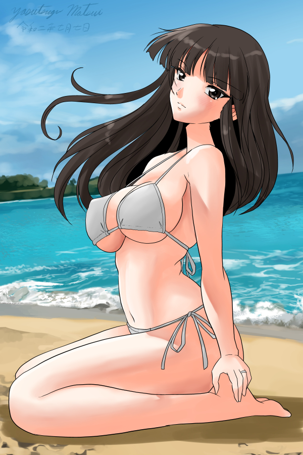 1girl artist_name bangs barefoot beach bikini black_eyes black_hair blue_sky blunt_bangs breasts closed_mouth clouds cloudy_sky commentary dated day from_side girls_und_panzer jewelry large_breasts light_frown long_hair matsui_yasutsugu mature navel nishizumi_shiho ocean outdoors ring side-tie_bikini signature sitting sky solo straight_hair string_bikini swimsuit wariza wedding_band white_bikini wind