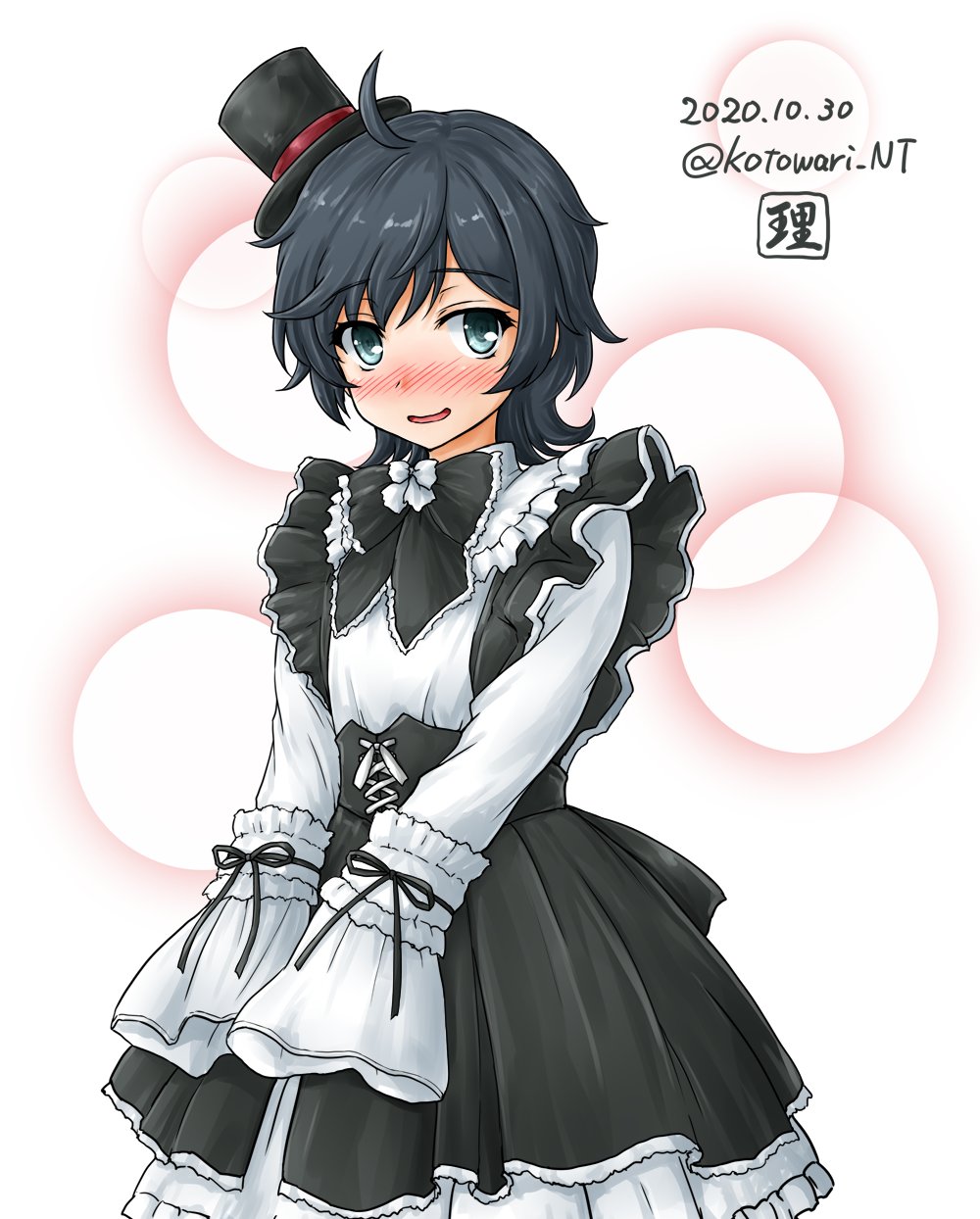 1girl ahoge artist_logo bangs black_hair blush commentary_request cowboy_shot dated dress embarrassed frilled_dress frills gothic_lolita hat highres kantai_collection kotowari_(newtype_kenkyuujo) lolita_fashion looking_at_viewer matsukaze_(kantai_collection) mini_hat mini_top_hat nose_blush short_hair solo swept_bangs top_hat twitter_username wavy_hair white_background