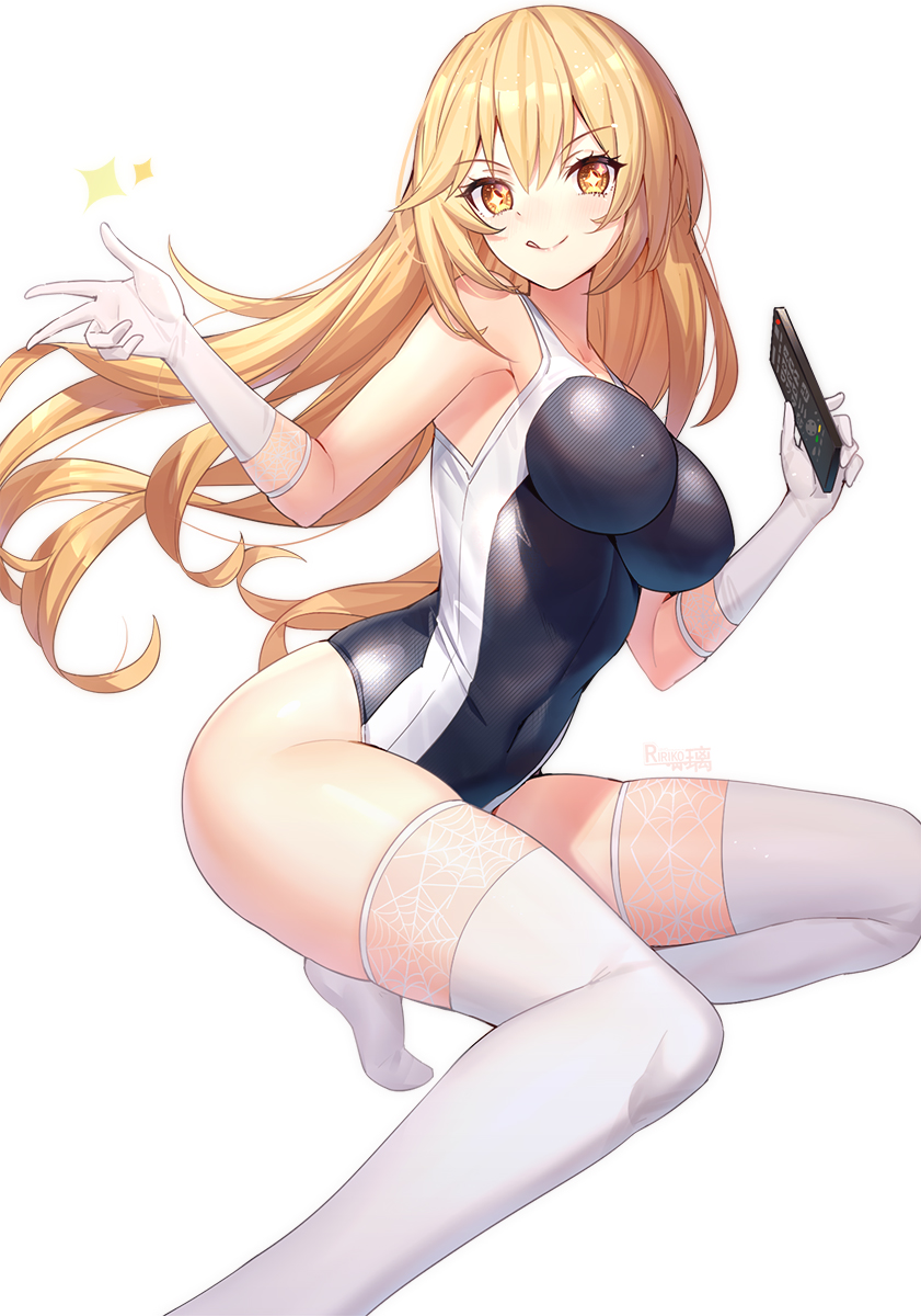 +_+ 1girl :p bangs blonde_hair breasts controller elbow_gloves eyebrows_visible_through_hair gloves highres lace-trimmed_gloves lace_trim large_breasts long_hair looking_at_viewer remote_control ririko_(zhuoyandesailaer) shokuhou_misaki skindentation solo spider_web_print swimsuit symbol-shaped_pupils thigh-highs thighs to_aru_majutsu_no_index tongue tongue_out white_gloves white_legwear