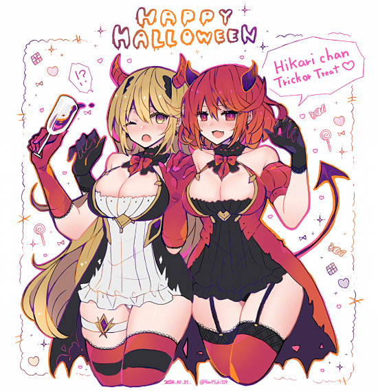 2girls blonde_hair breasts demon_girl demon_tail halloween haruto_yuki horns large_breasts mythra_(xenoblade) panties pantyshot pyra_(xenoblade) red_eyes redhead tail thigh-highs underwear xenoblade_chronicles_(series) xenoblade_chronicles_2 yellow_eyes