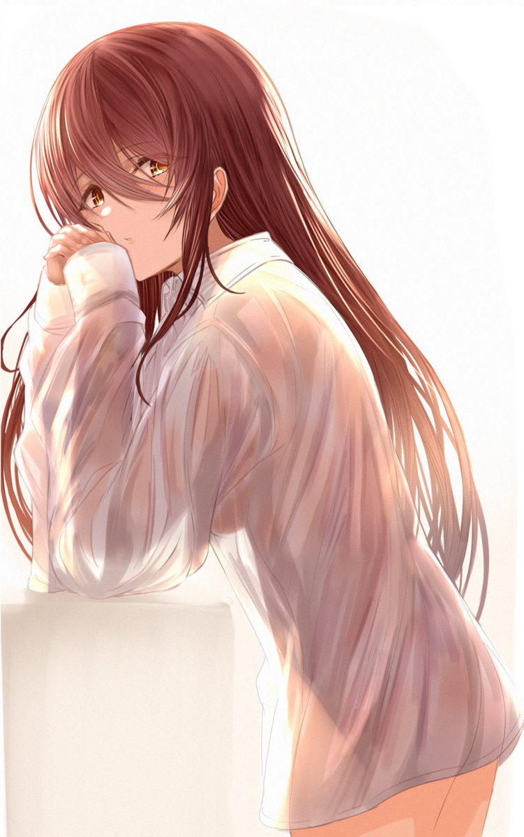 1girl bangs blush breasts brown_hair collared_shirt dress_shirt highres idolmaster idolmaster_shiny_colors long_hair looking_at_viewer medium_breasts oosaki_tenka see-through_silhouette shirt simple_background thighs white_background white_shirt yatsuka_(846) yellow_eyes