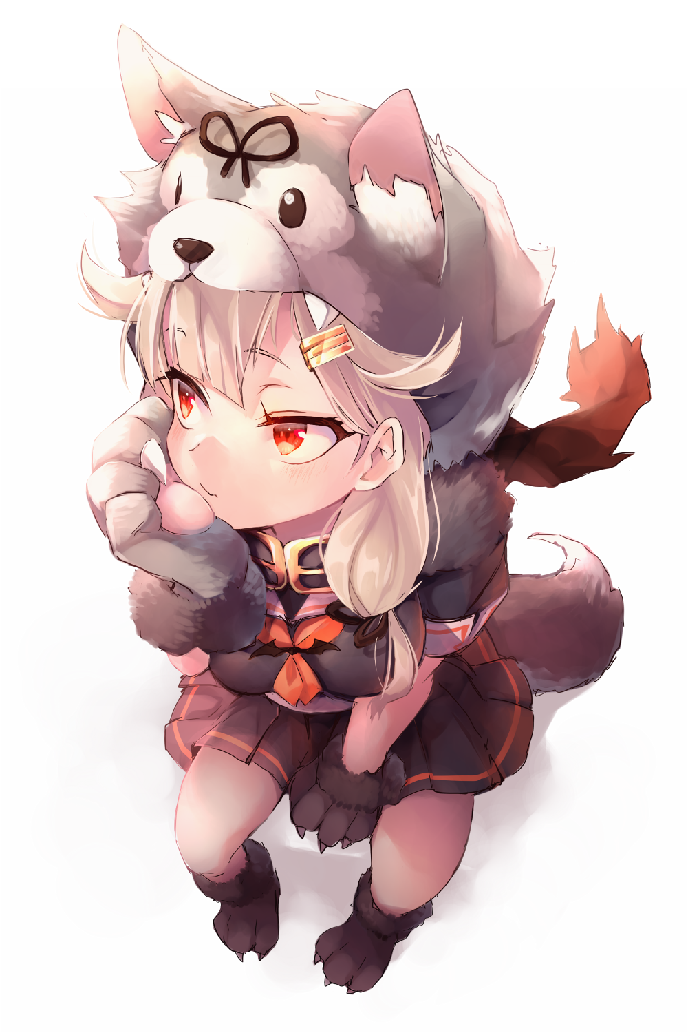 1girl black_ribbon black_serafuku black_skirt blonde_hair dog_tail gloves gradient_hair hair_flaps hair_ornament hair_ribbon hairclip highres hood kantai_collection long_hair multicolored_hair neckerchief nigo paw_gloves paw_shoes paws pleated_skirt red_eyes red_neckwear remodel_(kantai_collection) ribbon scarf school_uniform serafuku shoes simple_background skirt solo straight_hair tail white_background white_scarf wolf_hood wolf_tail yuudachi_(kantai_collection)