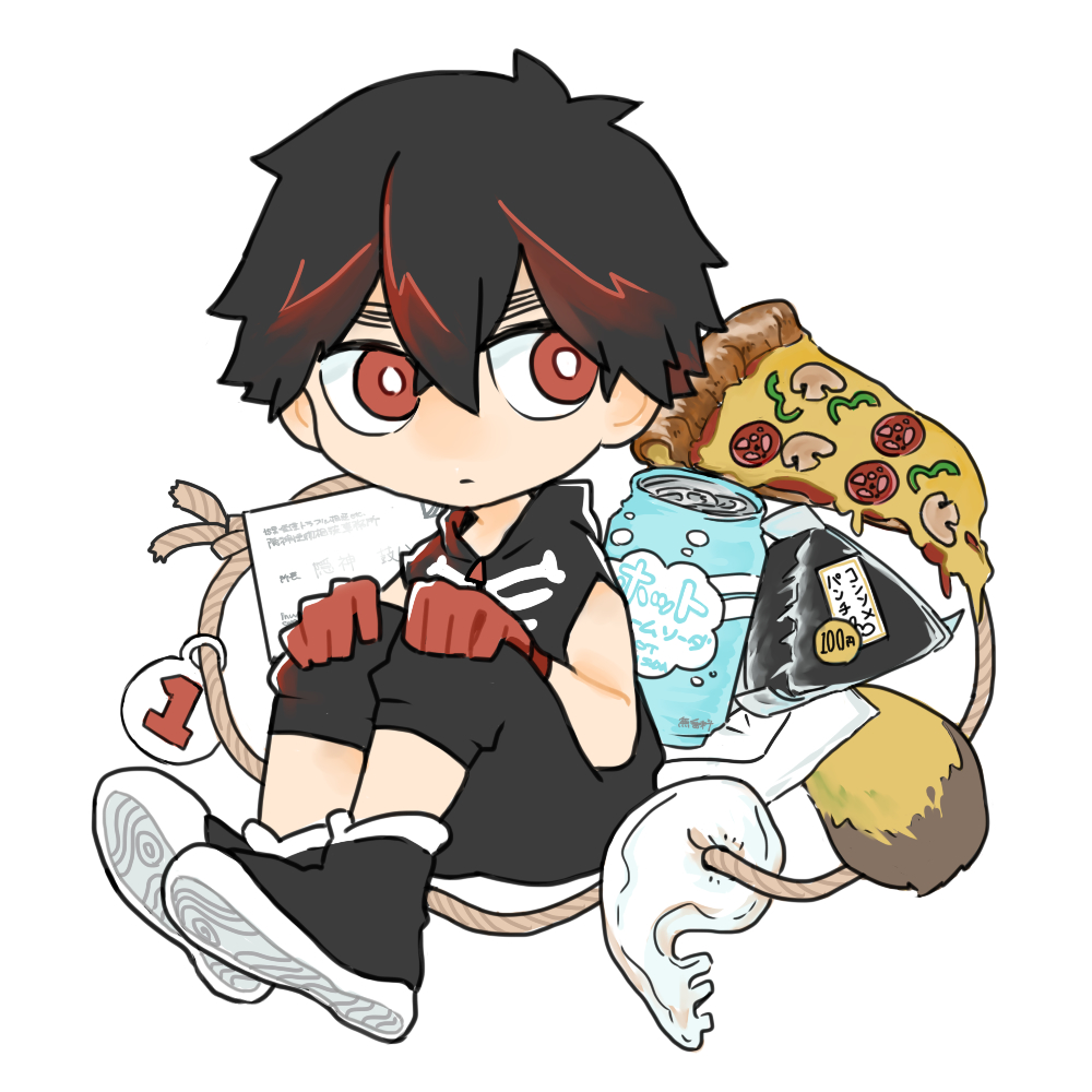 bangs bell_pepper black_footwear black_hair black_hoodie black_pants bone bone_necklace bright_pupils can chibi crossed_bangs envelope expressionless food gloves hair_between_eyes hands_on_own_knees hood hood_down hoodie kemono_jihen kusaka_kabane mushroom pants pants_rolled_up pepper pizza pizza_slice radi0_0x red_eyes red_gloves rope shoe_soles shoes short_hair simple_background skeleton_print sleeveless sleeveless_hoodie sneakers soda_can tomato white_background white_pupils