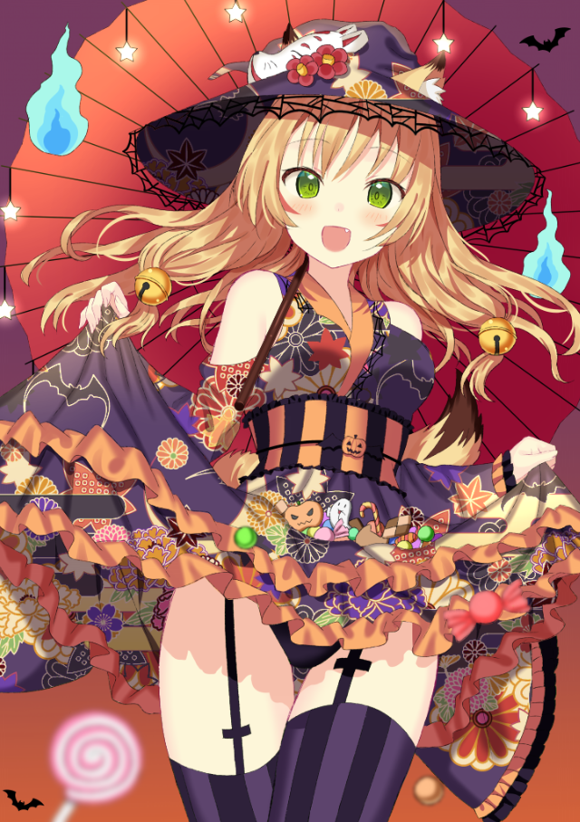 1girl :d animal_ears bangs bare_shoulders bell black_panties blonde_hair breasts clothing_cutout commentary_request dress ears_through_headwear eyebrows_visible_through_hair fang floating_hair fox_ears fox_mask frilled_dress frills garter_straps green_eyes hair_bell hair_ornament halloween hat hitodama jingle_bell layered_dress lifted_by_self long_hair mask mask_on_hat medium_breasts obi open_mouth orange_umbrella oriental_umbrella original panties print_dress purple_dress purple_headwear red_umbrella sash shoulder_cutout smile solo striped striped_legwear thigh-highs toujou_mina umbrella underwear vertical-striped_legwear vertical_stripes witch_hat