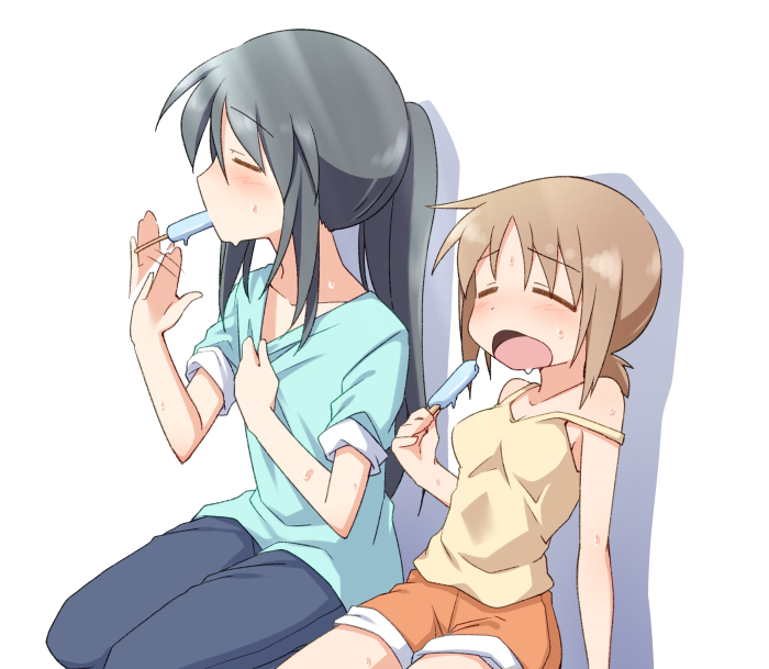 2girls =_= afterimage aqua_shirt bare_arms black_hair blue_pants breasts brown_hair closed_eyes collarbone commentary_request dairi denim eyebrows_visible_through_hair food holding holding_food hot jeans long_hair motion_lines multiple_girls open_mouth orange_shorts original pants ponytail popsicle shirt short_hair short_shorts shorts sidelocks simple_background sitting small_breasts sweat tank_top white_background