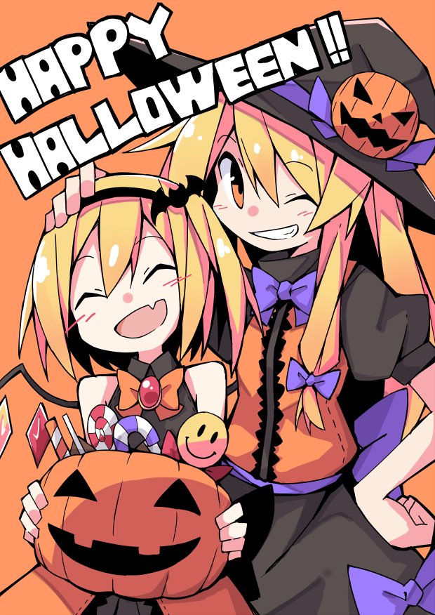 2girls alternate_color asameshi back_bow bat_hair_ornament black_hairband black_headwear black_shirt black_skirt blonde_hair blush_stickers bow bowtie brooch candy candy_cane closed_eyes commentary english_text fang flandre_scarlet food grin hair_bow hair_ornament hairband halloween hand_on_another's_head hand_on_hip hat holding jack-o'-lantern jewelry kirisame_marisa lollipop long_hair looking_at_viewer multiple_girls one_eye_closed open_mouth orange_background orange_neckwear orange_skirt orange_vest purple_bow purple_neckwear shirt short_hair skin_fang skirt sleeveless sleeveless_shirt smile smiley_face swirl_lollipop touhou upper_body vest witch_hat yellow_eyes