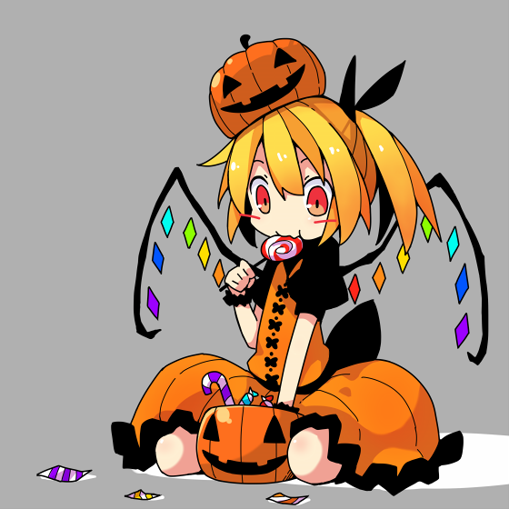 1girl :t alternate_color asameshi bangs black_ribbon blonde_hair blush_stickers candy candy_cane commentary_request crystal dress flandre_scarlet food food_in_mouth grey_background hair_ribbon holding holding_food jack-o'-lantern lollipop orange_dress ponytail pumpkin_on_head red_eyes ribbon seiza short_hair simple_background sitting solo swirl_lollipop touhou wings wrapped_candy