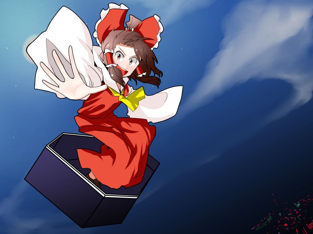 ascot bow brown_hair city_lights coffin collared_shirt detached_sleeves flying hair_bow hair_tubes hakurei_reimu mary_janes moon night night_sky ponytail red_shirt red_skirt sei_(kaien_kien) shirt shoes skirt sky sky_surfing skyline touhou yellow_neckwear