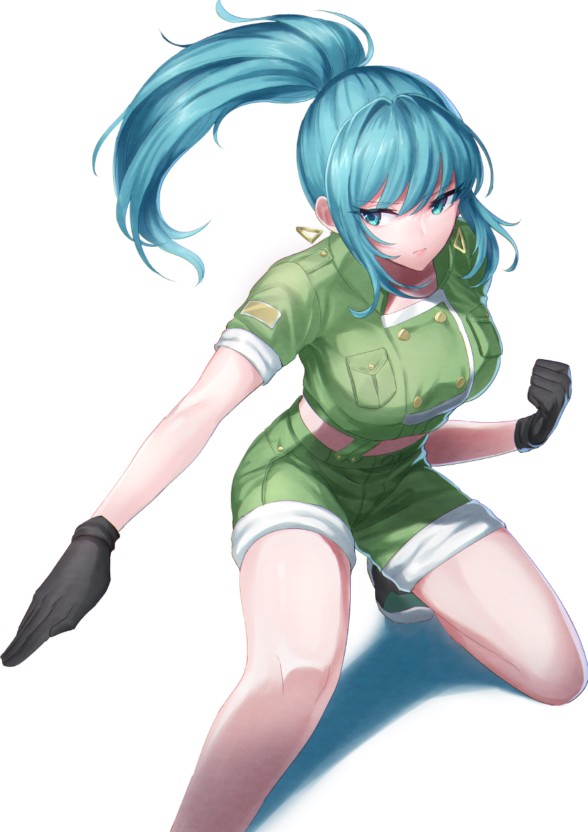 1girl bangs black_gloves blue_eyes blue_hair blush clenched_hand closed_mouth earrings fighting_stance gloves green_shirt green_shorts hair_between_eyes high_ponytail highres jewelry leona_heidern long_hair midriff navel ponytail shirt short_sleeves shorts simple_background sleeves_rolled_up snk solo suspender_shorts suspenders the_king_of_fighters thighs triangle_earrings user_tgcc2237