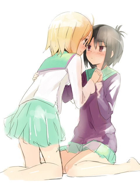 2girls a_channel ahoge aqua_sailor_collar aqua_skirt backlighting bangs bare_legs barefoot black_hair blonde_hair blouse blush brown_eyes closed_mouth couple eye_contact eyebrows_visible_through_hair feet_out_of_frame from_behind from_side hair_between_eyes hand_on_another's_back hands_up holding_hands ichii_tooru interlocked_fingers kneeling long_sleeves looking_at_another miz momoki_run multiple_girls no_legwear pleated_skirt profile purple_sweater sailor_collar school_uniform serafuku short_hair sideways_mouth simple_background sitting sketch skirt smile sweater tareme tsurime wariza white_background white_blouse yuri