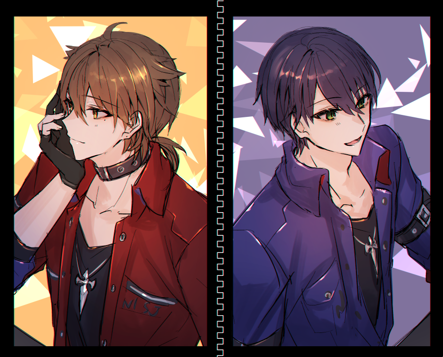 2boys :d bangs black_collar black_gloves black_shirt brown_eyes brown_hair closed_mouth collar collarbone eyebrows_visible_through_hair fushimi_gaku gloves green_eyes hair_between_eyes jacket kenmochi_touya long_hair looking_away low_ponytail male_focus multiple_boys nijisanji open_clothes open_jacket open_mouth partially_fingerless_gloves ponytail purple_hair purple_jacket red_jacket shikino_yuki shirt smile virtual_youtuber