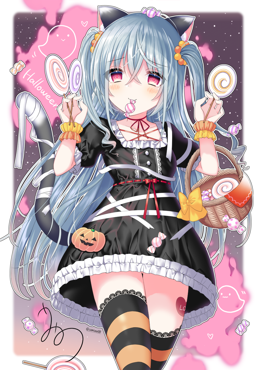 1girl animal_ear_fluff animal_ears bandaged_tail bandages bangs basket black_dress blue_hair blush bow candy candy_wrapper cat_ears cat_girl cat_tail choker closed_mouth collarbone commentary_request dress eyebrows_visible_through_hair food food_in_mouth frilled_dress frills hair_between_eyes halloween hands_up heart highres holding holding_candy holding_food holding_lollipop lace-trimmed_legwear lace_trim lollipop long_hair mouth_hold original puffy_short_sleeves puffy_sleeves red_eyes red_ribbon ribbon ribbon_choker short_sleeves smile solo striped striped_legwear swirl_lollipop tail tail_raised thigh-highs two_side_up umino_(umino00) very_long_hair yellow_bow