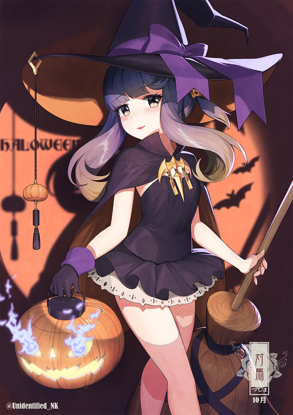 1girl alternate_costume artist_name bangs basket bow broom cape commentary_request dress eyebrows_visible_through_hair gloves halloween halloween_costume hat hat_bow highres jack-o'-lantern kantai_collection long_hair looking_at_viewer pumpkin purple_hair smile solo thigh-highs tsushima_(kantai_collection) unidentified_nk witch witch_hat