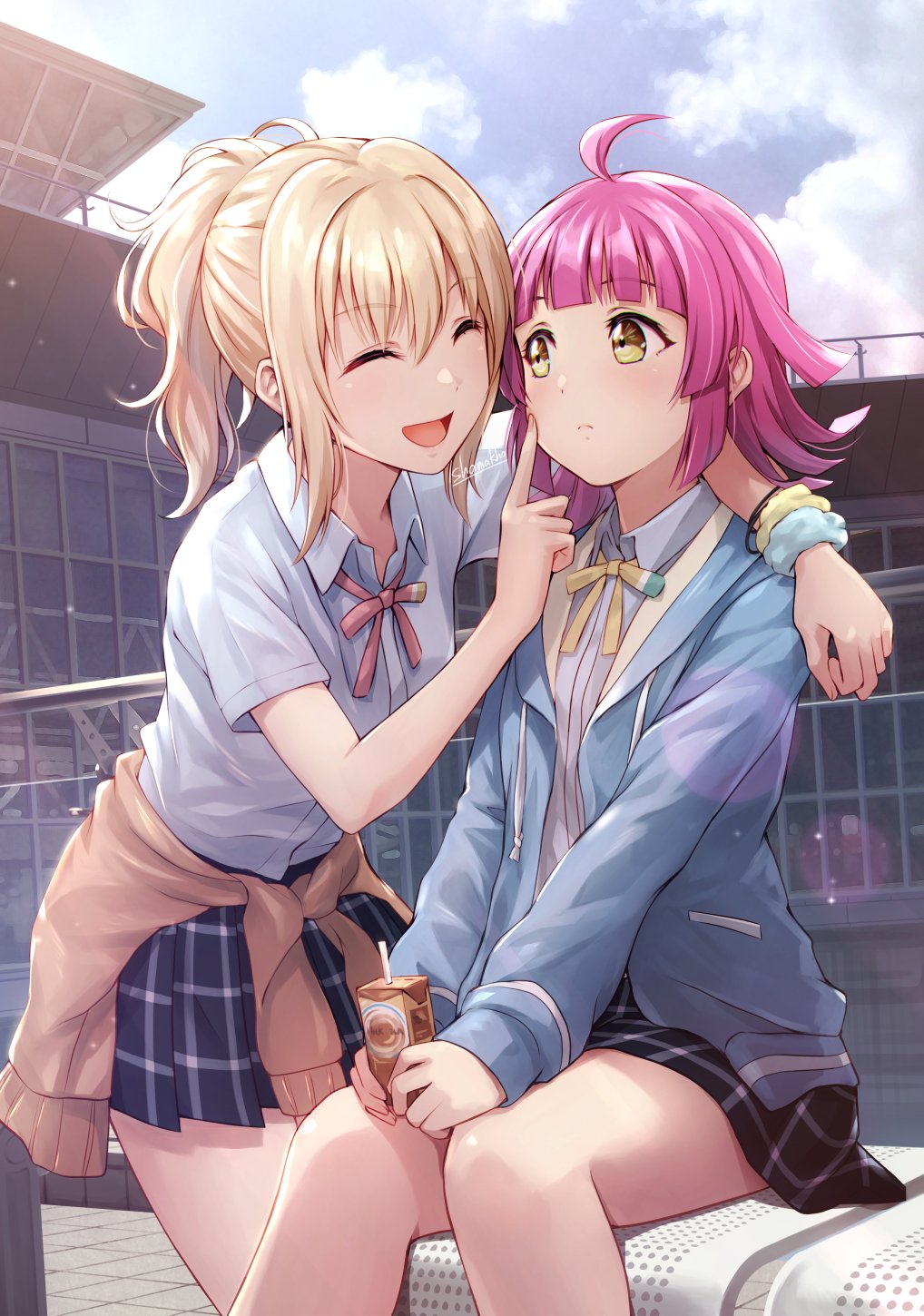 2girls blonde_hair blush closed_eyes highres long_hair long_sleeves love_live! love_live!_nijigasaki_high_school_idol_club miyashita_ai multiple_girls nijigasaki_academy_uniform open_mouth pink_hair shamakho short_hair sidelocks smile tennouji_rina yellow_eyes