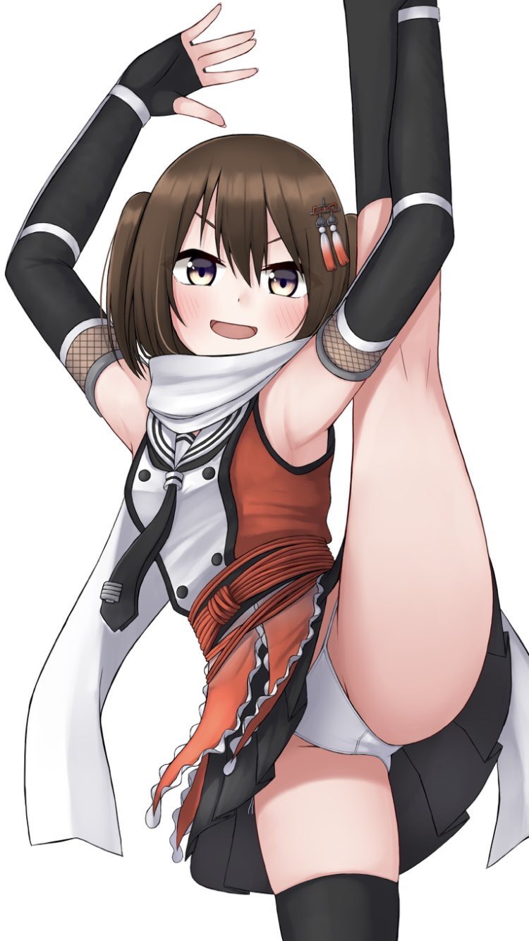 1girl armpits arms_up ass_visible_through_thighs black_gloves black_legwear black_skirt blush brown_eyes brown_hair commentary_request cowboy_shot elbow_gloves fingerless_gloves flexible gloves hair_ornament highres kantai_collection leg_lift leg_up looking_at_viewer no_shoes open_mouth panties remodel_(kantai_collection) scarf school_uniform sendai_(kantai_collection) serafuku skirt smile solo split standing standing_on_one_leg standing_split stretch thigh-highs thighs tiemu_(man190) underwear white_panties white_scarf