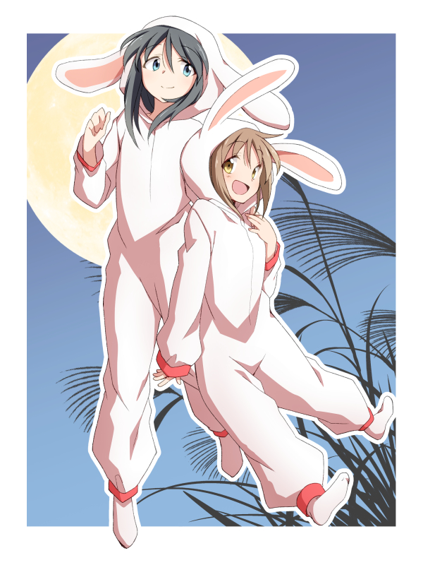 2girls :d animal_costume animal_ears animal_hood black_hair blue_eyes border brown_hair bunny_costume bunny_hood clenched_hand closed_mouth commentary_request cosplay dairi eyebrows_visible_through_hair full_body full_moon hand_on_another's_shoulder holding_hand hood hood_up kigurumi long_sleeves moon multiple_girls night no_shoes open_mouth original outline outside_border rabbit_ears sidelocks smile white_border white_outline yellow_eyes yuri