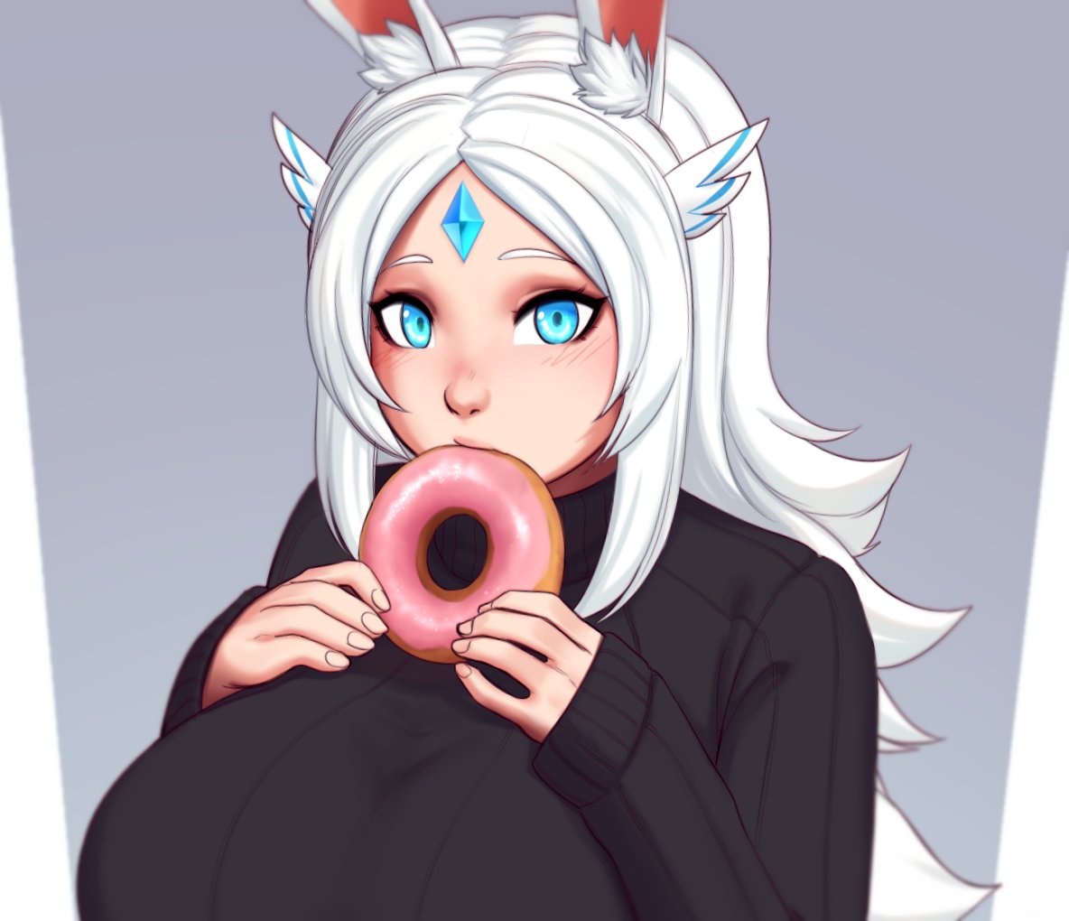 1girl animal_ear_fluff animal_ears black_sweater blue_eyes breasts copyright_request doughnut eating fingernails food forehead_jewel grey_background hair_flaps holding holding_food huge_breasts long_sleeves looking_at_viewer original rabbit_ears razalor solo sponty sweater symbol_commentary upper_body white_hair