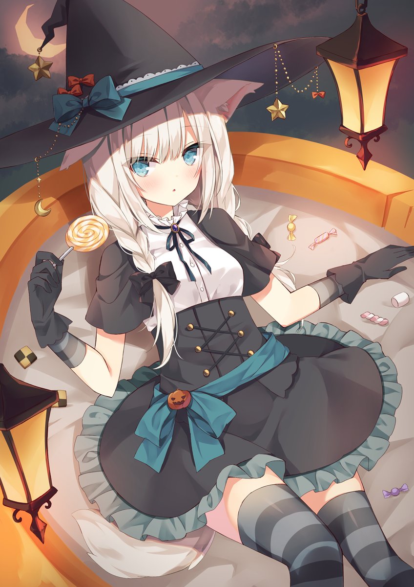 1girl :o animal_ear_fluff animal_ears bangs black_bow black_gloves black_headwear black_ribbon black_skirt blue_bow blue_eyes blush bow braid breasts brooch candy candy_wrapper commentary_request crescent_moon eyebrows_visible_through_hair food frilled_skirt frills gloves hair_bow halloween hat hat_bow highres holding holding_candy holding_food holding_lollipop hoshi_(snacherubi) jewelry lantern lollipop long_hair looking_at_viewer marshmallow moon neck_ribbon original parted_lips ribbon shirt short_sleeves skirt small_breasts solo star_(symbol) striped striped_legwear swirl_lollipop thigh-highs twin_braids white_hair white_shirt witch_hat