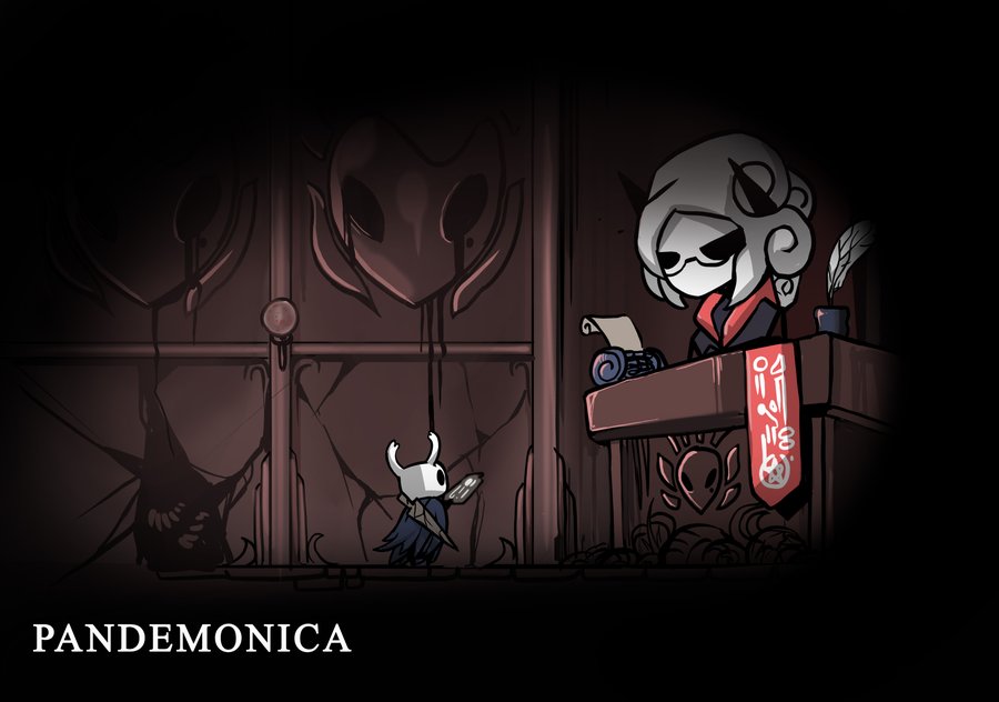 1girl 1other artist_name black_dress black_horns book character_name commentary cracked_wall desk dress glasses helltaker hollow_knight horns insect_girl insect_wings knight_(hollow_knight) looking_at_another md5_mismatch pandemonica_(helltaker) parody photoshop_(medium) quill red_dress resolution_mismatch serious short_hair signature source_larger style_parody sword sword_behind_back taphris typewriter weapon wings