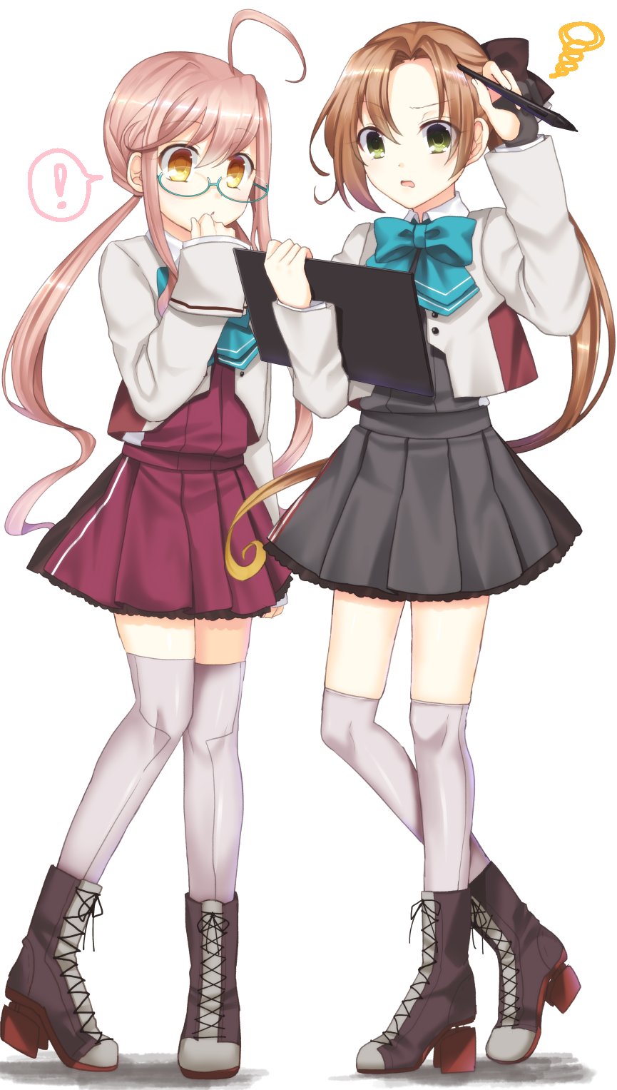 ! 2girls ahoge akigumo_(kantai_collection) black_gloves blazer blonde_hair blue-framed_eyewear blue_neckwear boots braid brown_hair cross-laced_footwear crown_braid drawing_tablet dress full_body glasses gloves gradient_hair green_eyes grey_dress grey_legwear hair_ribbon highres jacket kantai_collection lace-up_boots long_hair long_sleeves makigumo_(kantai_collection) multicolored_hair multiple_girls partially_fingerless_gloves pink_hair pleated_dress ponytail purple_dress remodel_(kantai_collection) ribbon school_uniform semi-rimless_eyewear simple_background single_glove sleeves_past_wrists spoken_exclamation_mark squiggle standing stylus thigh-highs twintails under-rim_eyewear white_background yellow_eyes yomogi_(kapuchi)