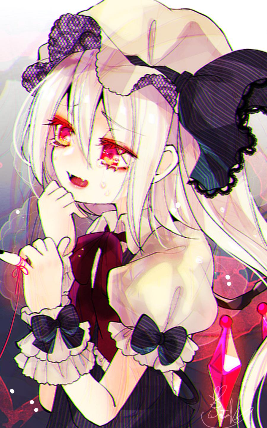 1girl albino alternate_color black_bow black_dress black_nails black_ribbon bow commentary crying crying_with_eyes_open crystal dress fangs flandre_scarlet fua_yuu gradient gradient_background hands_up hat hat_ribbon highres long_hair mob_cap nail_polish open_mouth pinky_out puffy_short_sleeves puffy_sleeves red_eyes red_neckwear ribbon shirt short_sleeves side_ponytail signature skin_fangs solo string string_of_fate tears touhou upper_body white_hair white_headwear white_shirt wings wrist_bow wrist_cuffs