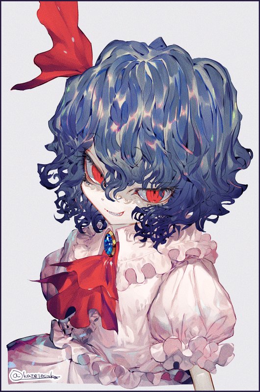 1girl blue_hair brooch commentary_request cravat grin hair_ribbon jewelry kazeto no_hat no_headwear pink_shirt pink_skirt puffy_short_sleeves puffy_sleeves red_eyes red_neckwear red_ribbon remilia_scarlet ribbon shirt short_hair short_sleeves skirt smile solo touhou twitter_username upper_body